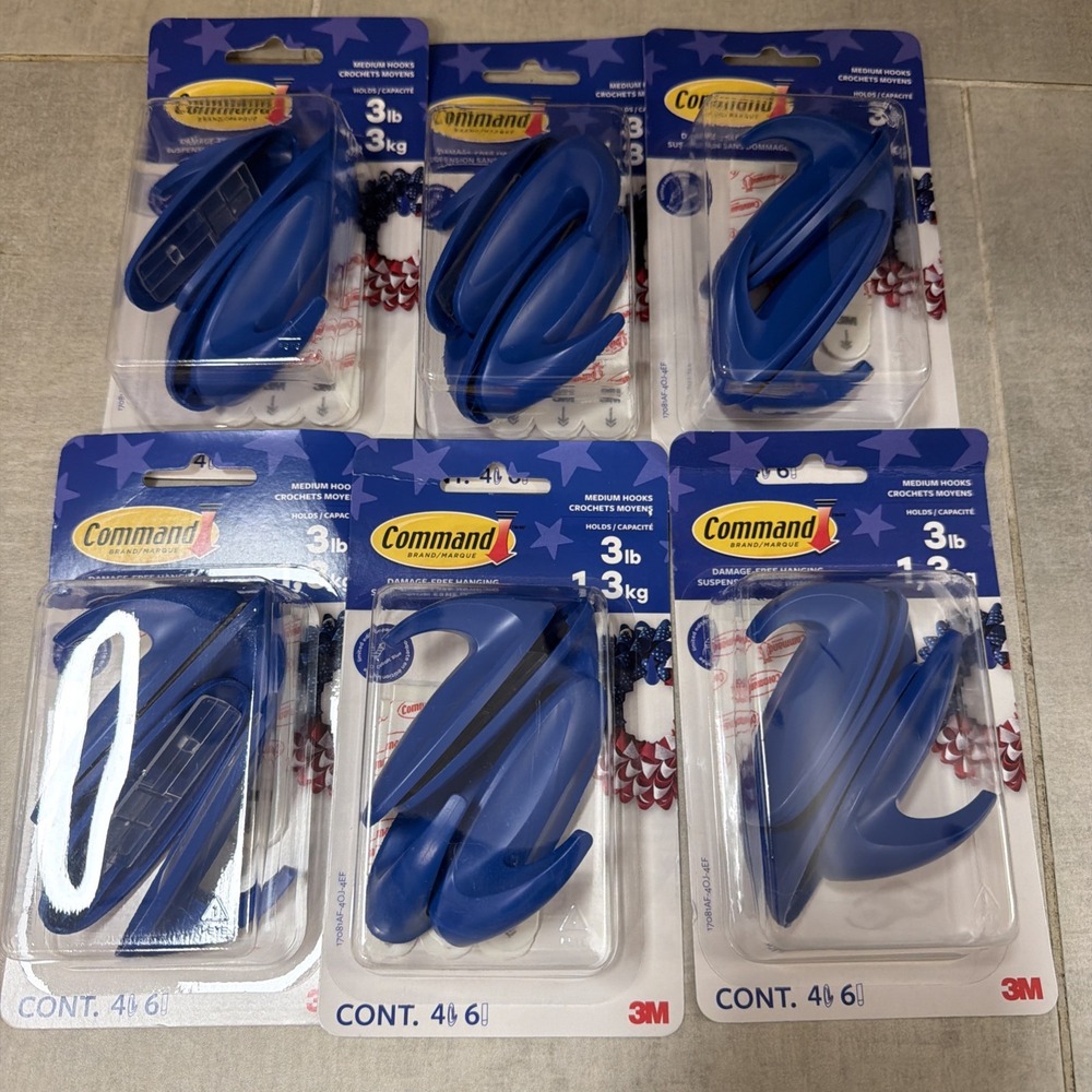 6 Pack 3M Command Medium 3lb Designer Hooks Cobalt Blue Damage Free Hanging NEW
